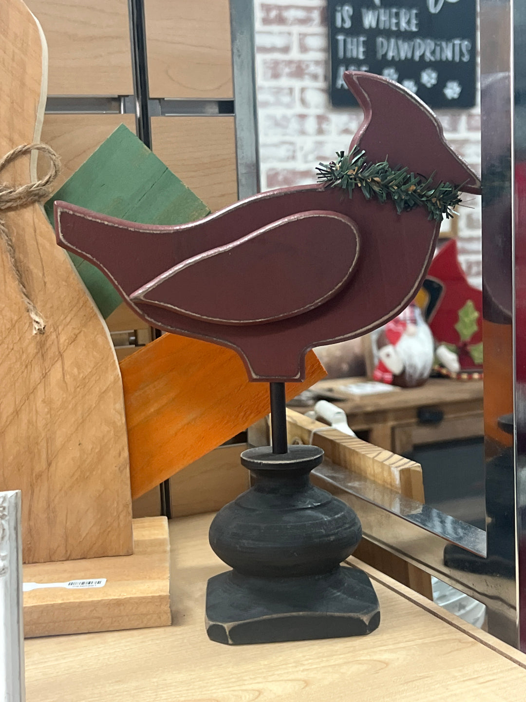 Distressed Wooden Cardinal on Pedestal