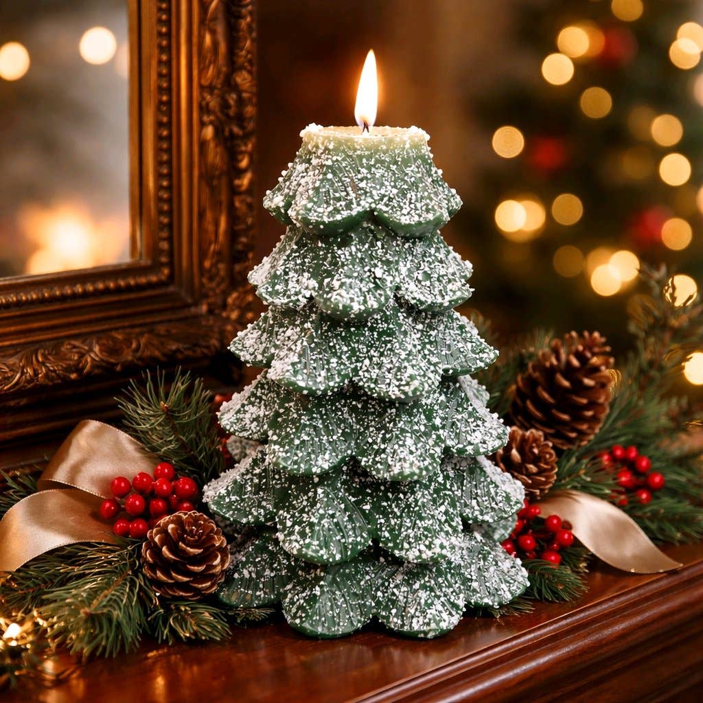 Green Xmas Tree w/ Glitter Moving Flame LED Candle 5x6.5in