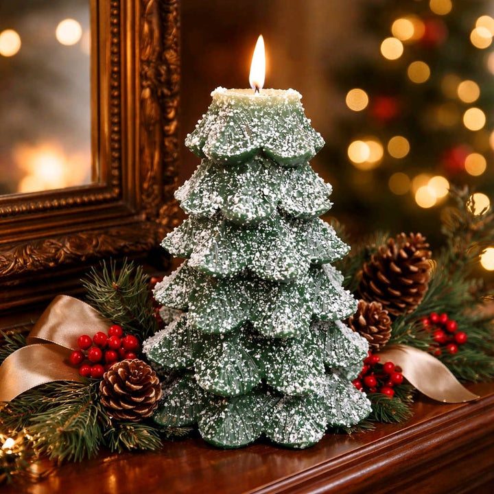 Green Xmas Tree w/ Glitter Moving Flame LED Candle 5x6.5in
