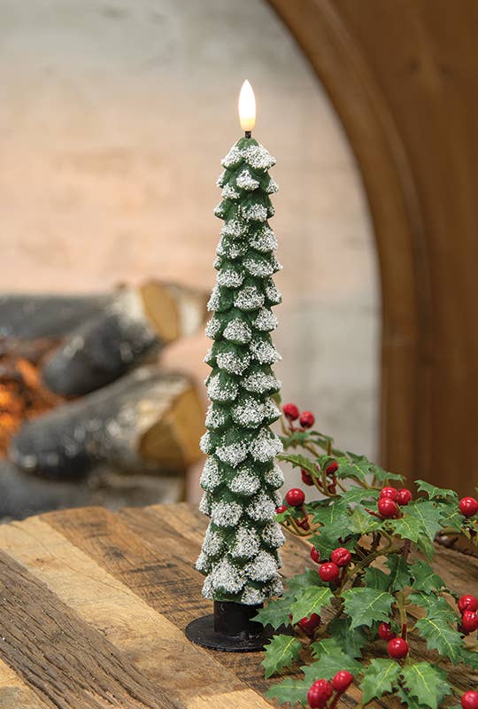 Green Flocked Christmas Tree LED Timer Taper - 11.5"H