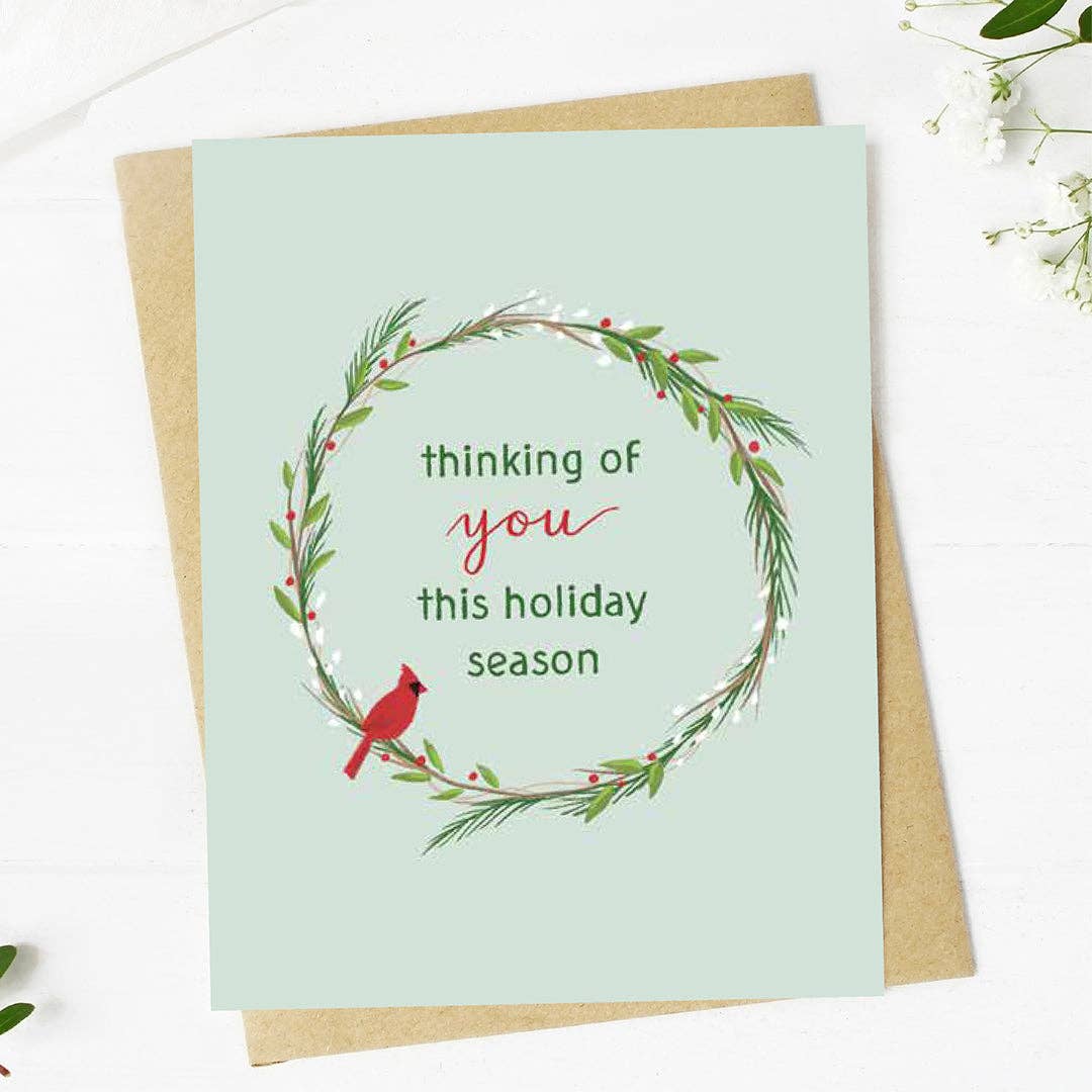 "Thinking of you this holiday season" Wreath Christmas Card