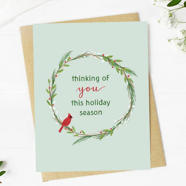 "Thinking of you this holiday season" Wreath Christmas Card