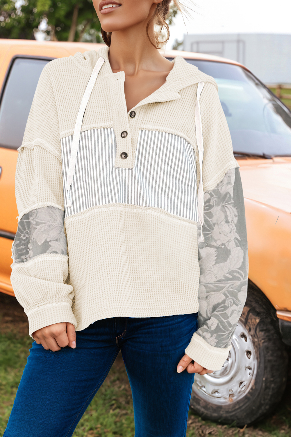 Waffle Printed Patchwork Drawstring Hooded Long Sleeve Top