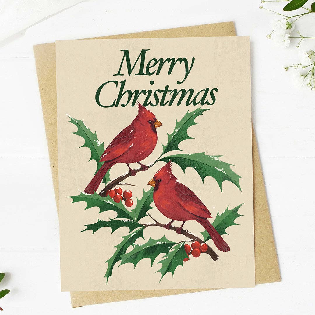 Merry Christmas Cardinal Birds Vintage Christmas Card