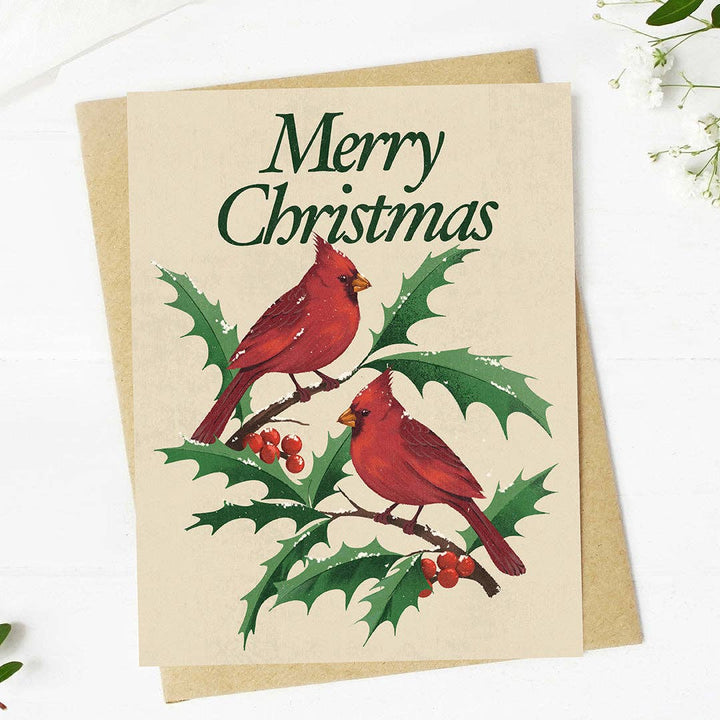 Merry Christmas Cardinal Birds Vintage Christmas Card