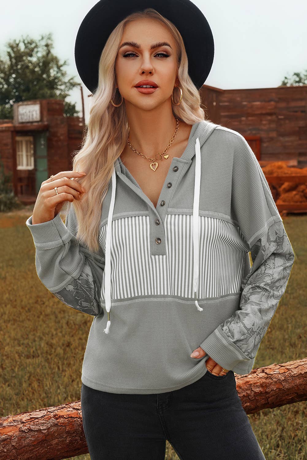 Waffle Printed Patchwork Drawstring Hooded Long Sleeve Top