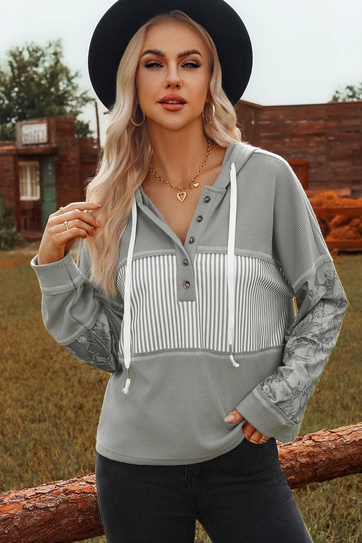 Waffle Printed Patchwork Drawstring Hooded Long Sleeve Top