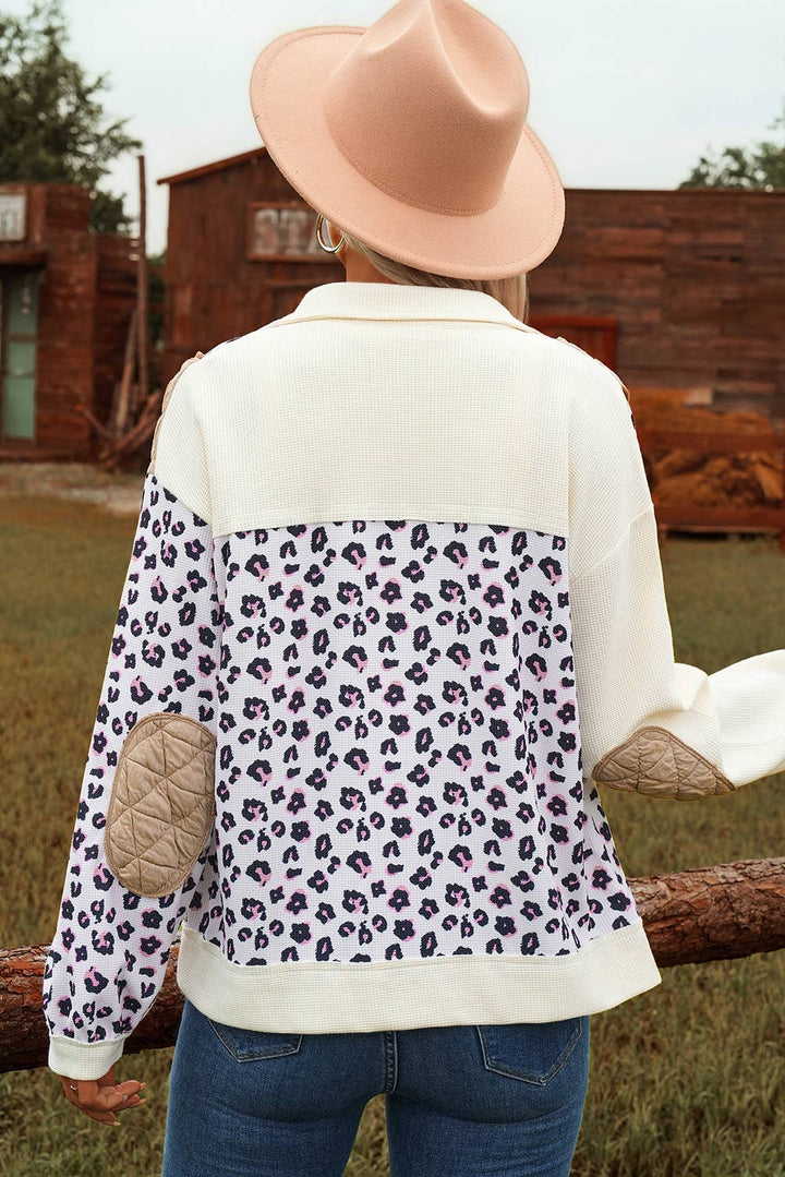Leopard Waffle Quilted Patchwork Button Front Jacket