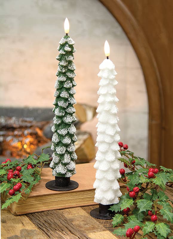Green Flocked Christmas Tree LED Timer Taper - 11.5"H
