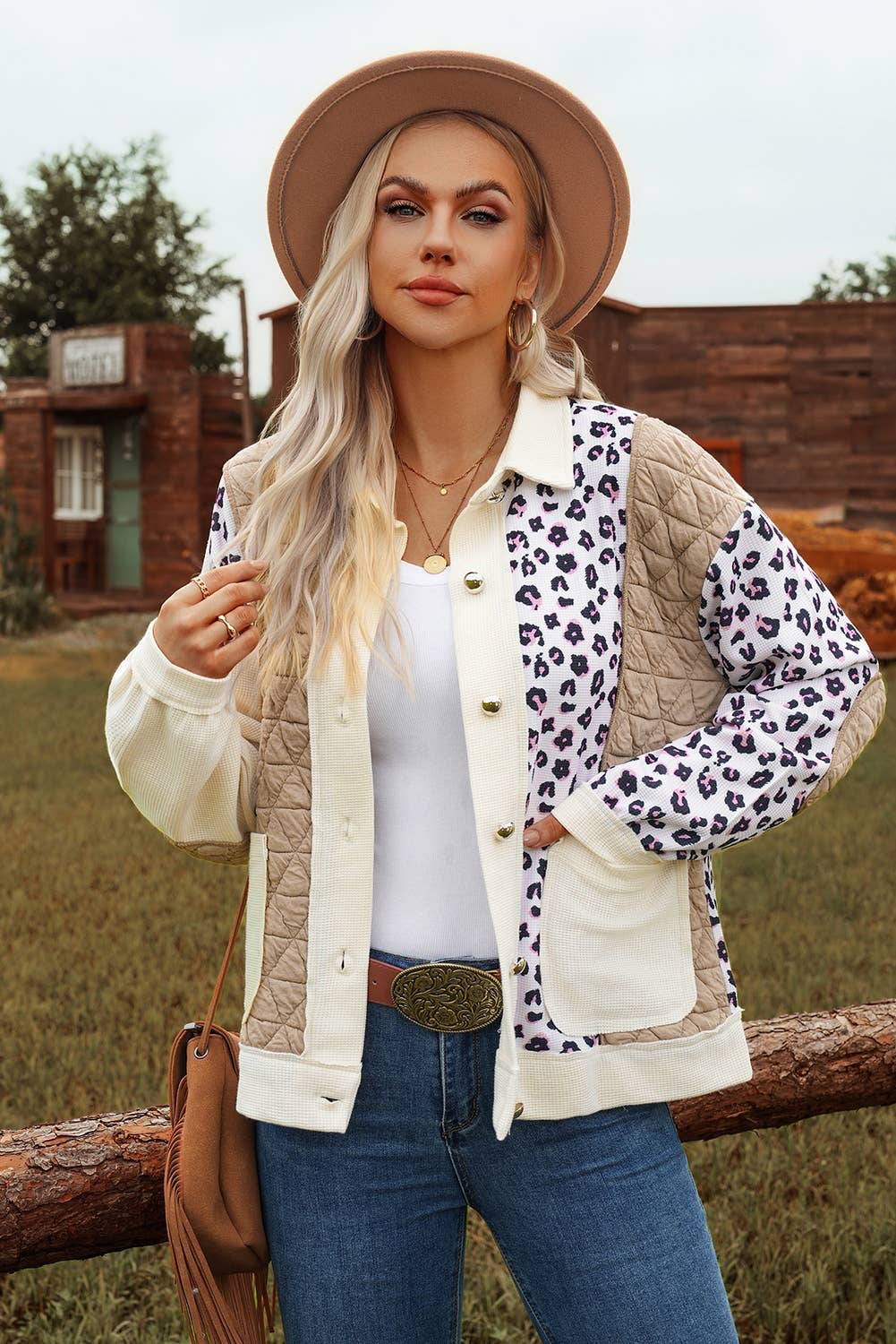 Leopard Waffle Quilted Patchwork Button Front Jacket