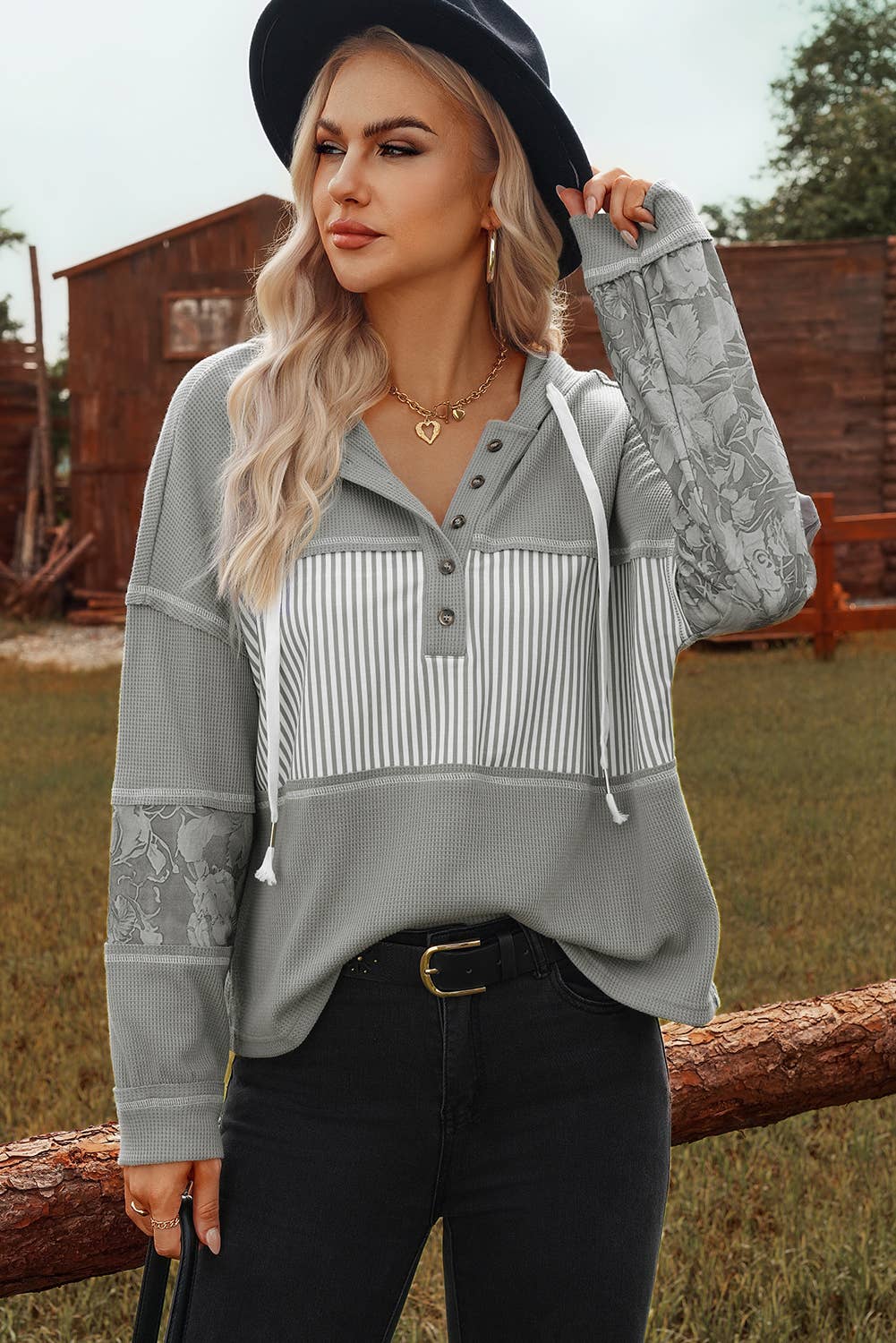 Waffle Printed Patchwork Drawstring Hooded Long Sleeve Top