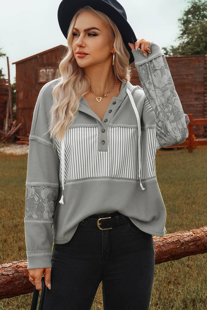 Waffle Printed Patchwork Drawstring Hooded Long Sleeve Top