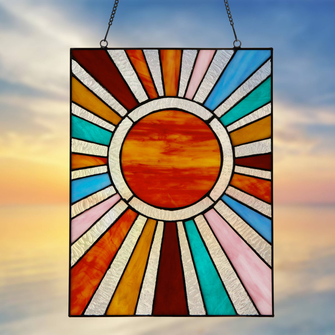 14.5"H Lila Multicolor Sunburst Stained Glass Window Panel