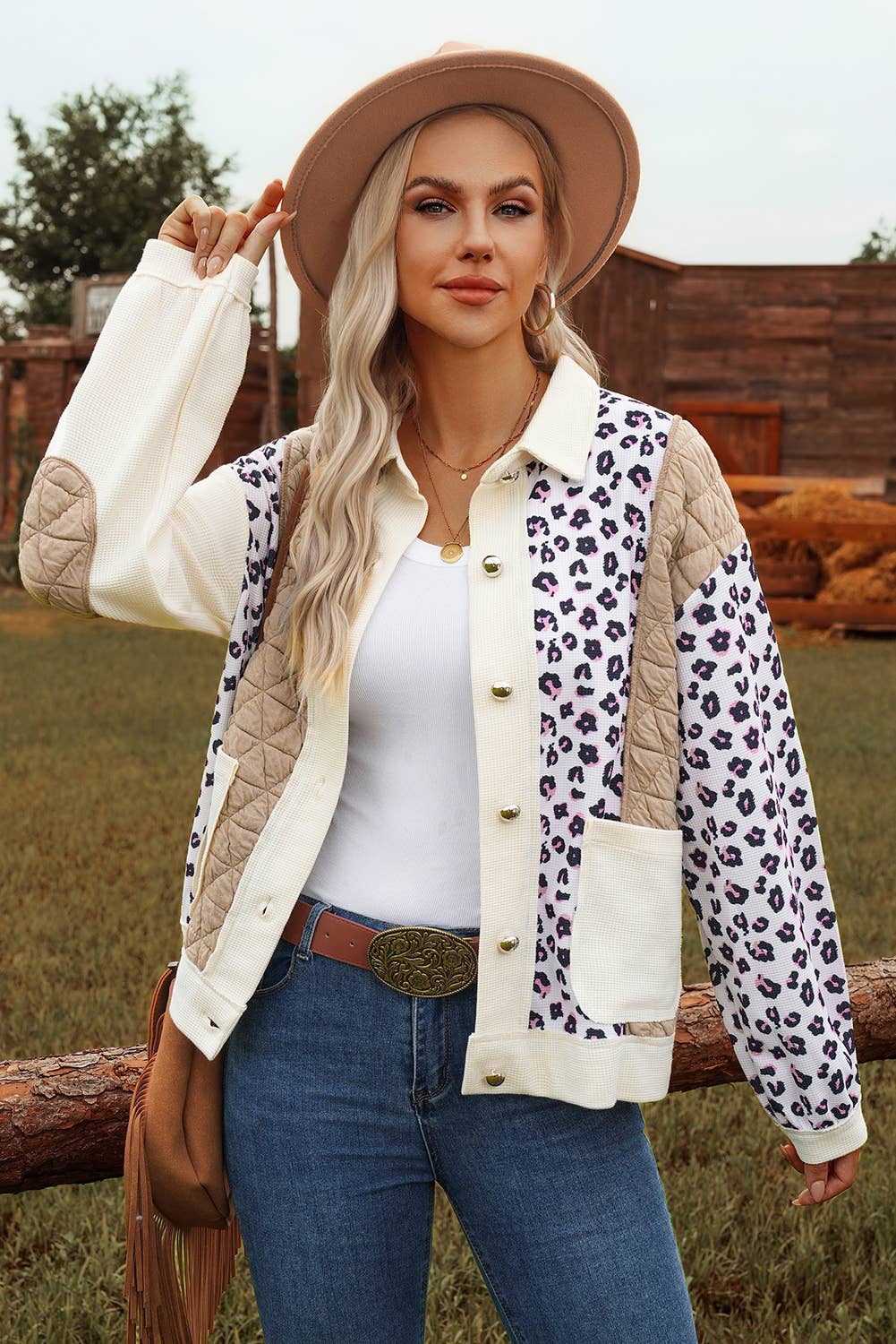 Leopard Waffle Quilted Patchwork Button Front Jacket