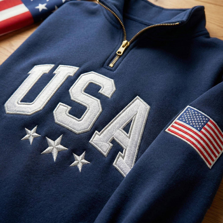 Embroidered USA Quarter Zip Sweatshirt, Retro USA With Flag