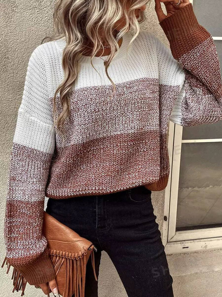 Womens Color Block Crew Neck Oversized Knit Sweater