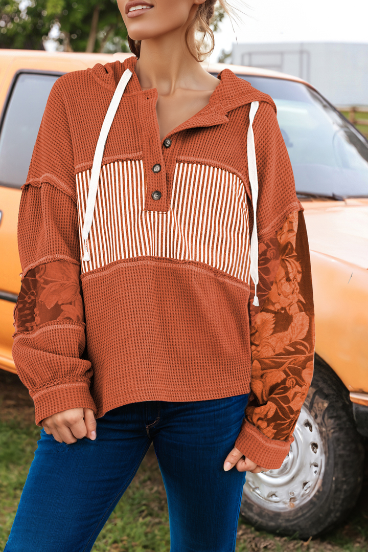 Waffle Printed Patchwork Drawstring Hooded Long Sleeve Top