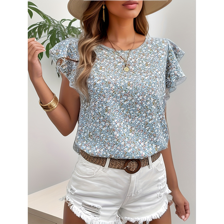 Floral Round Neck Ruffle Sleeve Short Sleeve Top