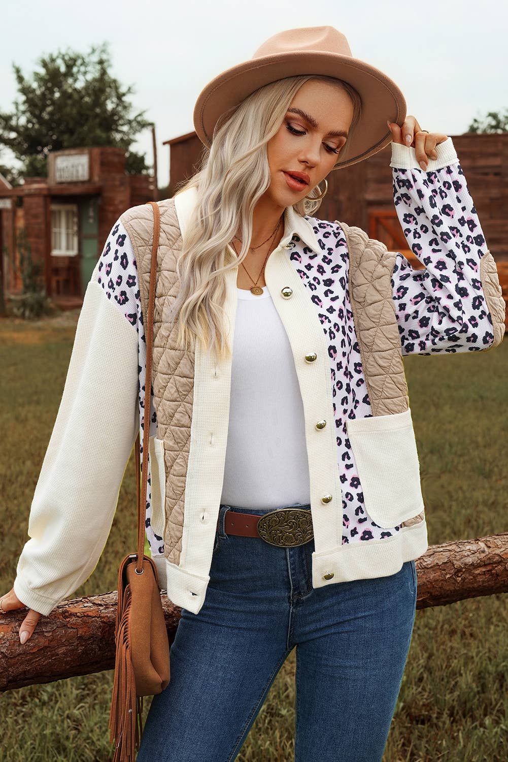 Leopard Waffle Quilted Patchwork Button Front Jacket
