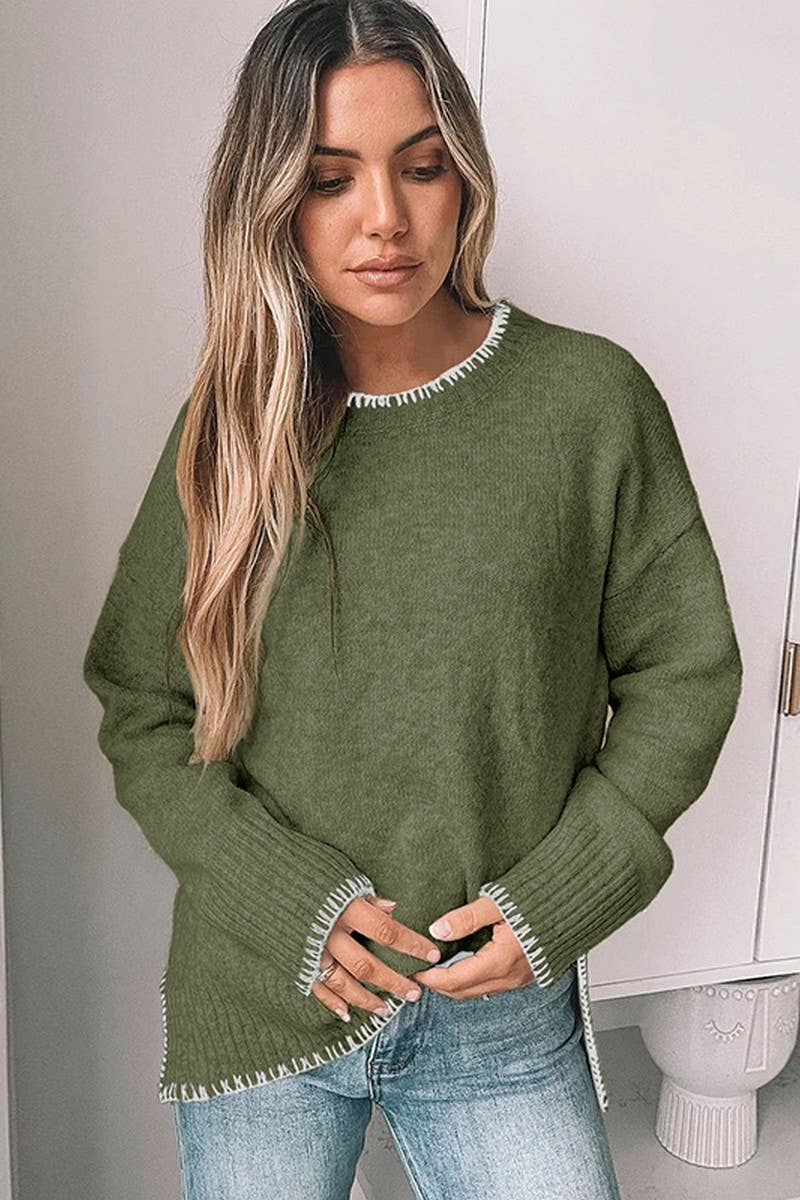 CREW NECK CASUAL LONG SLEEVE SLIT KNITTED SWEATER