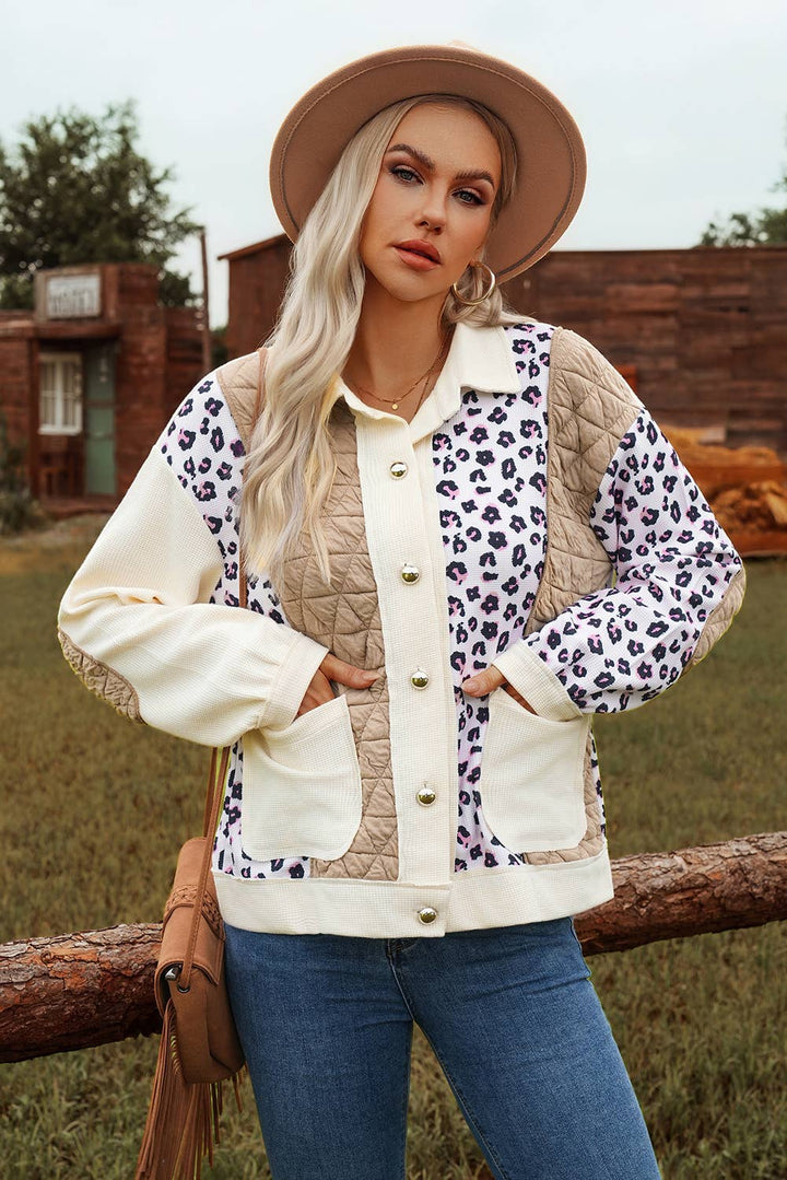 Leopard Waffle Quilted Patchwork Button Front Jacket