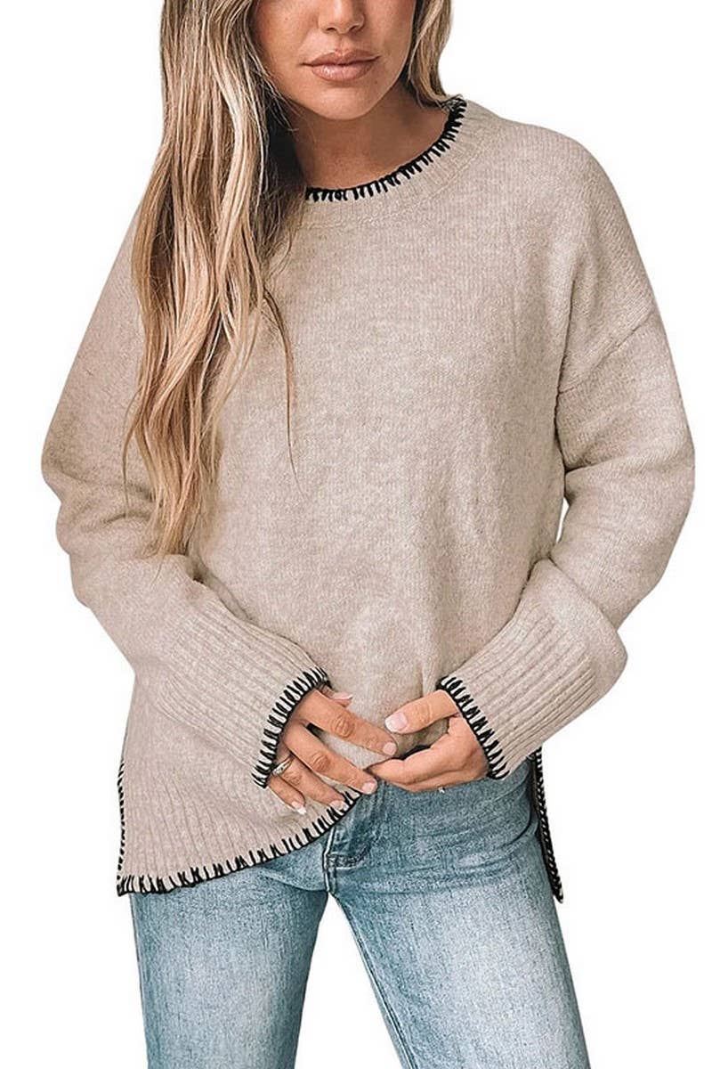 CREW NECK CASUAL LONG SLEEVE SLIT KNITTED SWEATER
