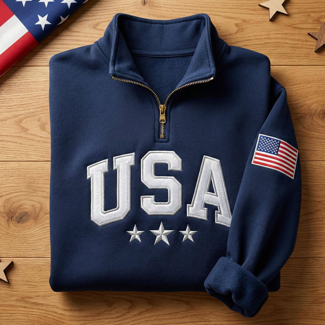 Embroidered USA Quarter Zip Sweatshirt, Retro USA With Flag