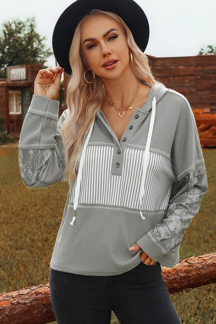 Waffle Printed Patchwork Drawstring Hooded Long Sleeve Top