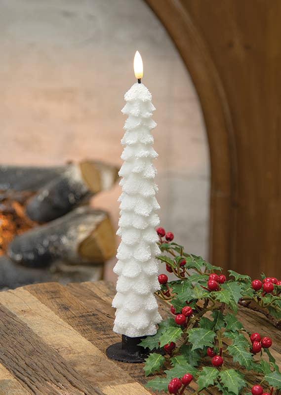 White Flocked Christmas Tree LED Timer Taper - 11.5"H