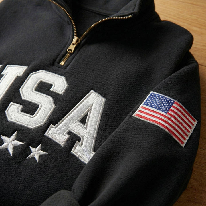 Embroidered USA Quarter Zip Sweatshirt, Retro USA With Flag