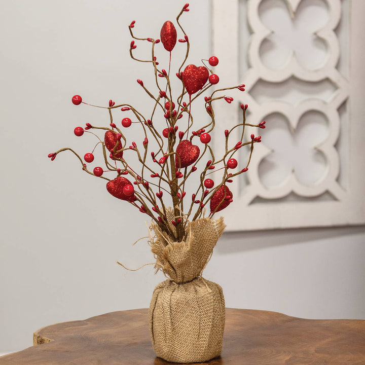 Red Glitter Heart & Berries Tree w/Burlap Base - 17"H
