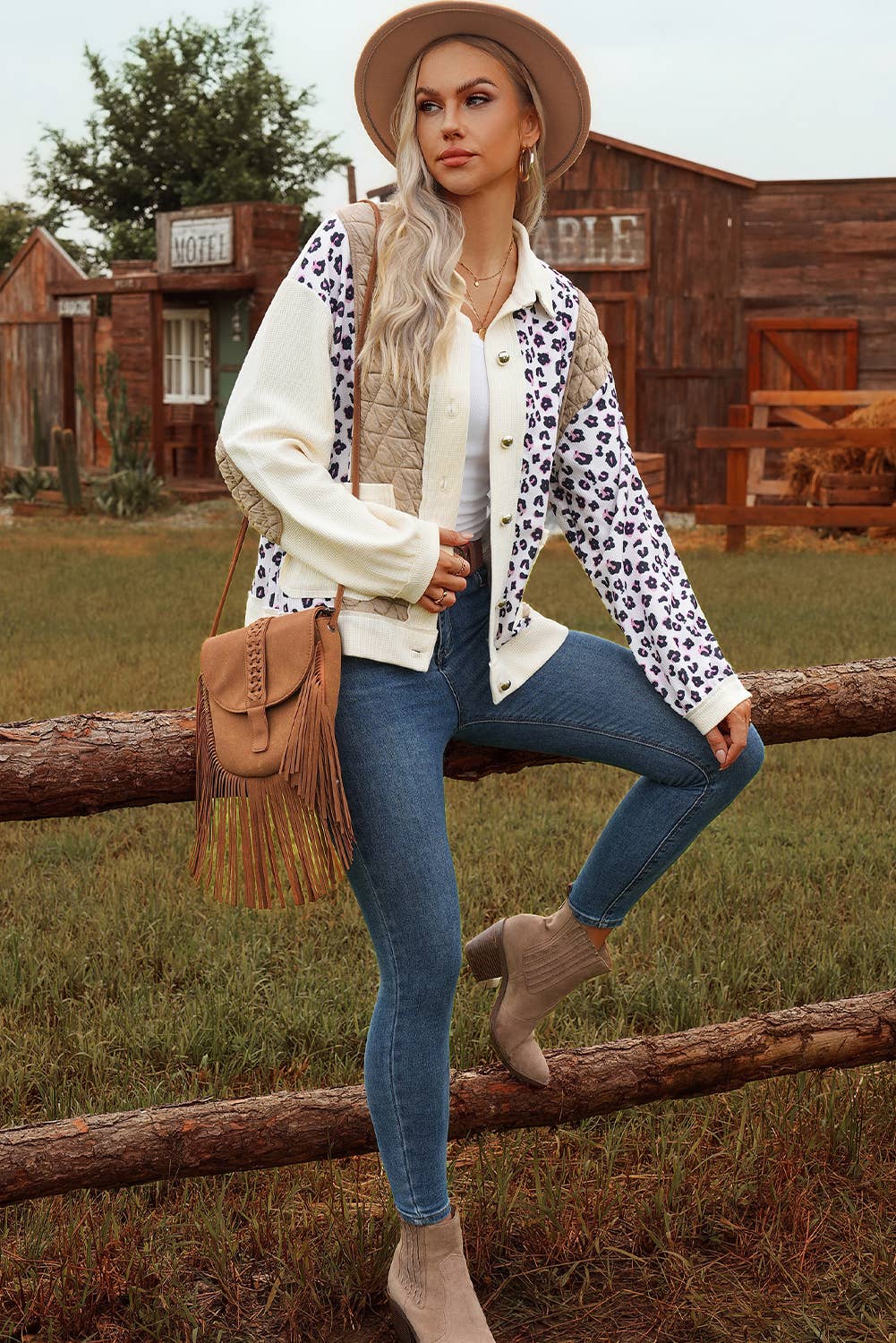 Leopard Waffle Quilted Patchwork Button Front Jacket