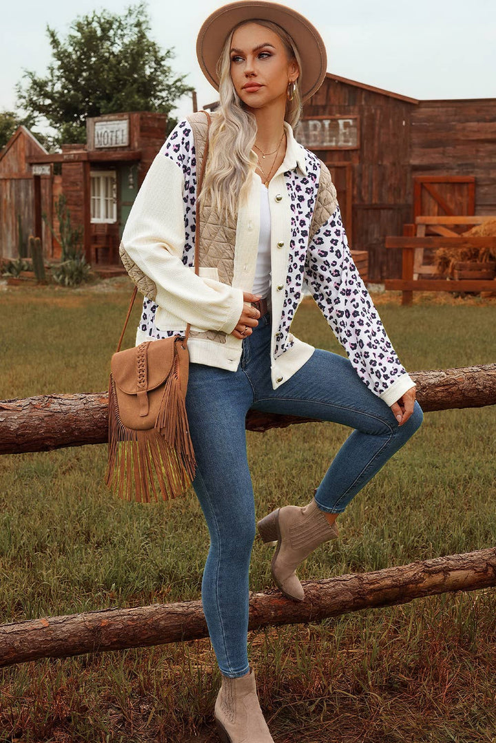 Leopard Waffle Quilted Patchwork Button Front Jacket