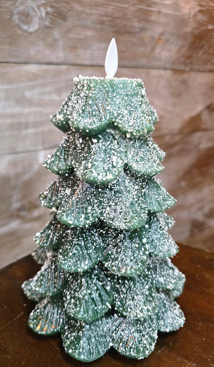 Green Xmas Tree w/ Glitter Moving Flame LED Candle 5x6.5in