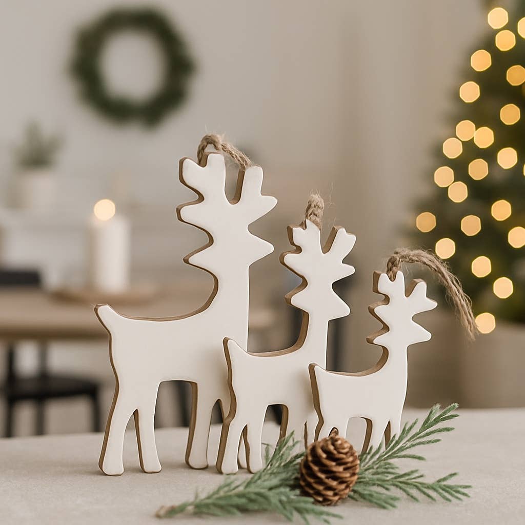 Wooden Hanging Reindeer w/ White Enamel 4.25x6in