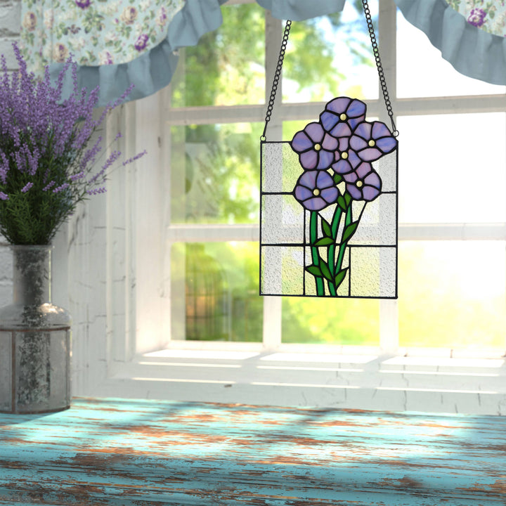 10"H Forget Me Not Purple Flowers Stained Glass Window Panel