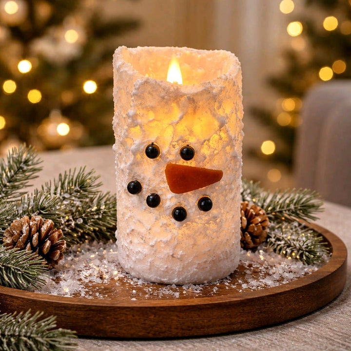 Snowman Bumpy White Moving Flame LED Candle 3in by 6in