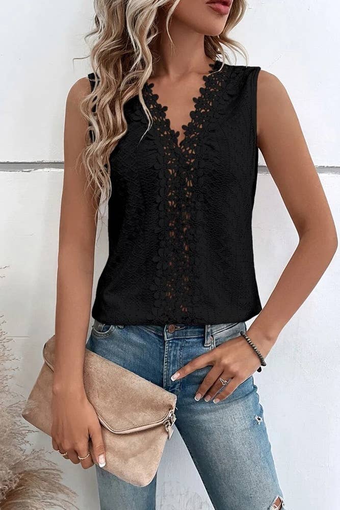 V Neck Jacquard Eyelet Tank Top