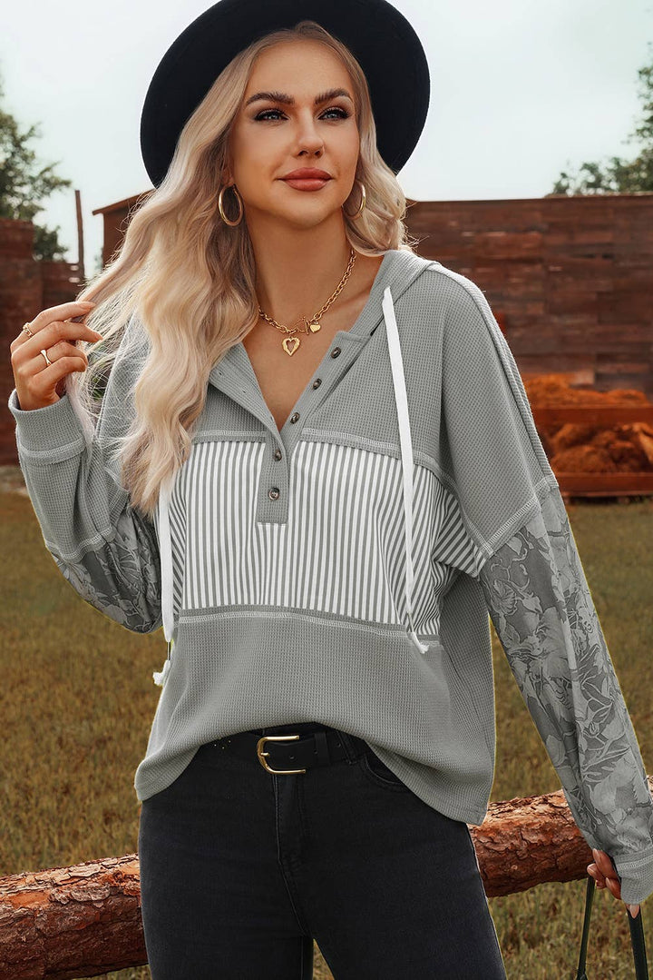 Waffle Printed Patchwork Drawstring Hooded Long Sleeve Top