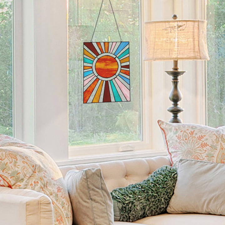 14.5"H Lila Multicolor Sunburst Stained Glass Window Panel