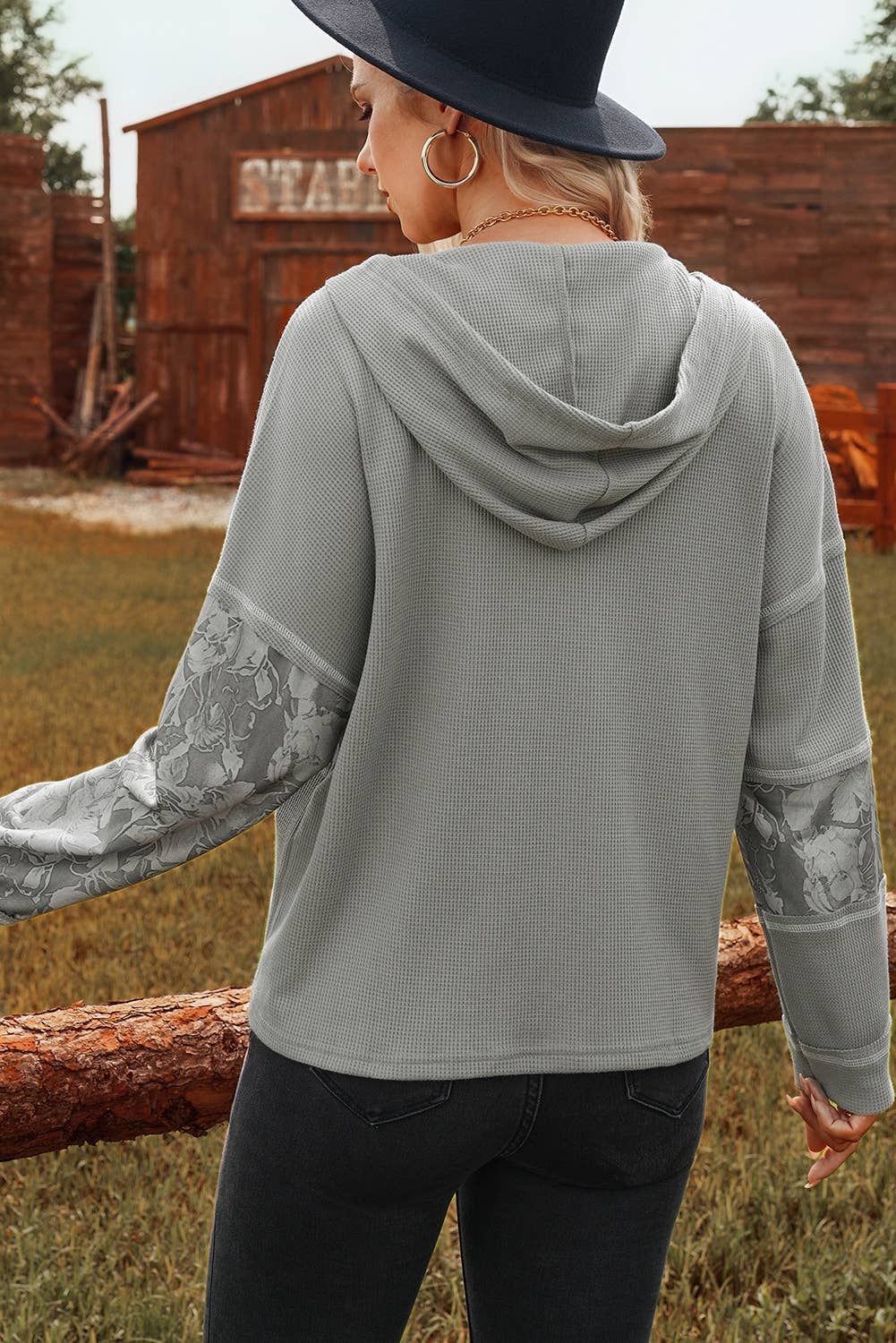 Waffle Printed Patchwork Drawstring Hooded Long Sleeve Top